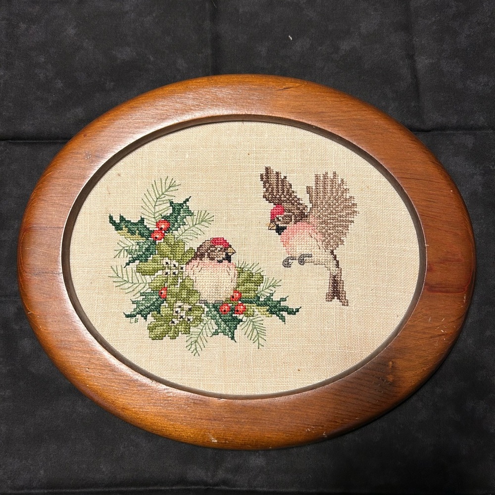 Vintage 90’s Cross Stitched Bird Art in Wooden Frame